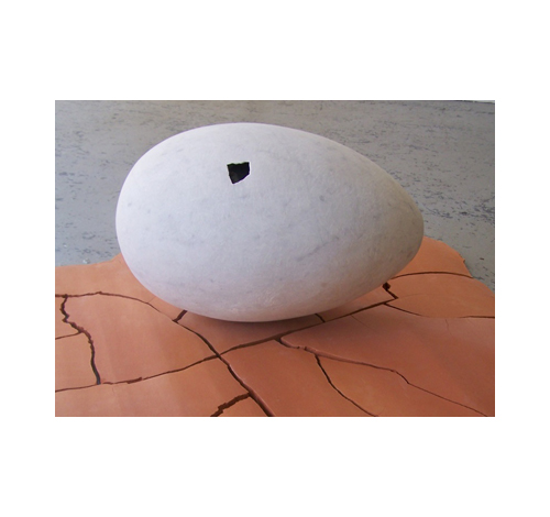 <div class='name'>Curator's Egg</div class='name'><P>Cararra Marble, Terracotta, <BR>Bronze Globe (inside egg)<BR> 1.1m <P>2007